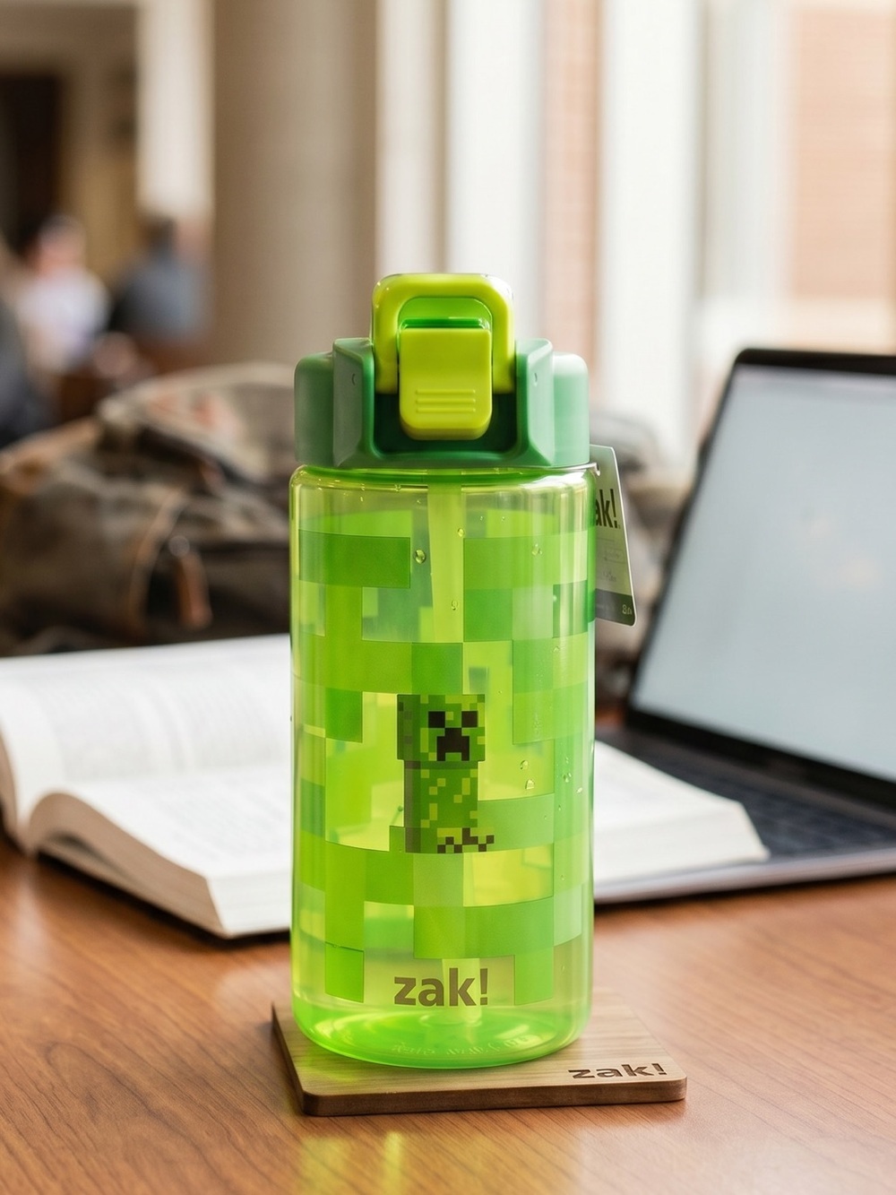 Zak! Green Pixelated Minecraft Design Water Bottle
